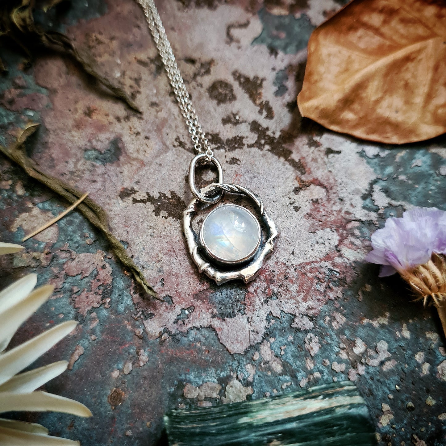 Rainbow Moonstone Wreath Pendant - 100% Recycled Silver
