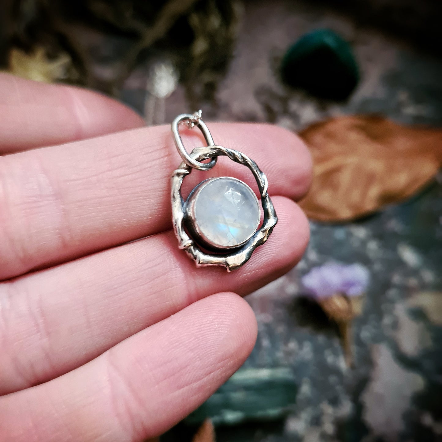 Rainbow Moonstone Wreath Pendant - 100% Recycled Silver