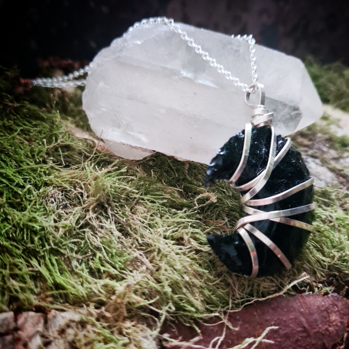Obsidian Moon Pendant - with Recycled Sterling Silver