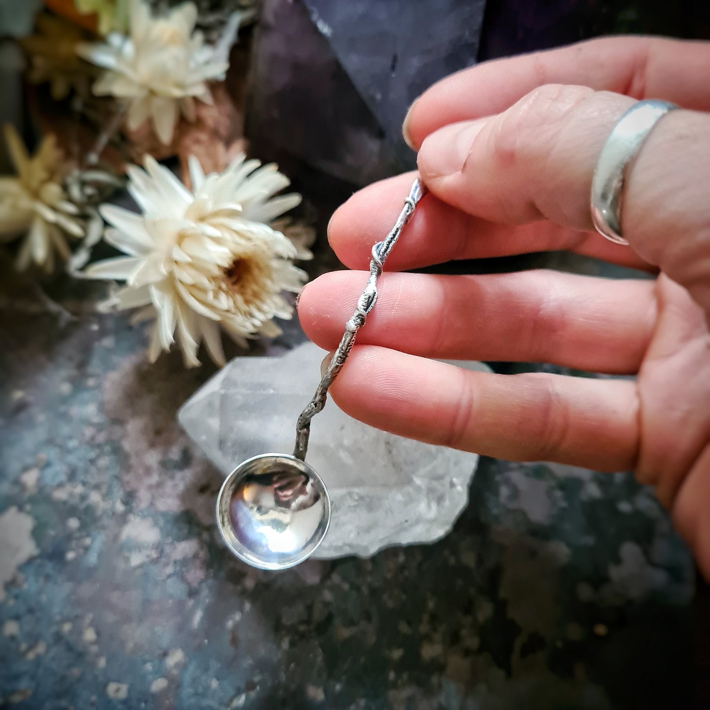 Twig Handled Salt Spoon - 100% Recycled Sterling silver