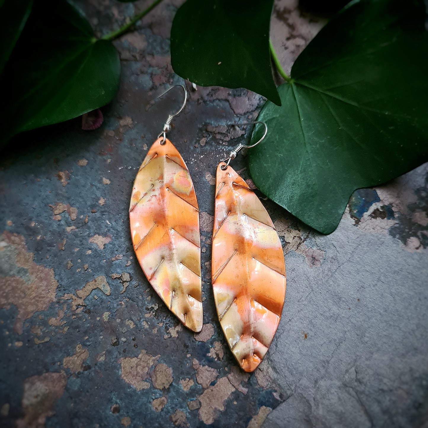 Flame Patina Leaf Earrings