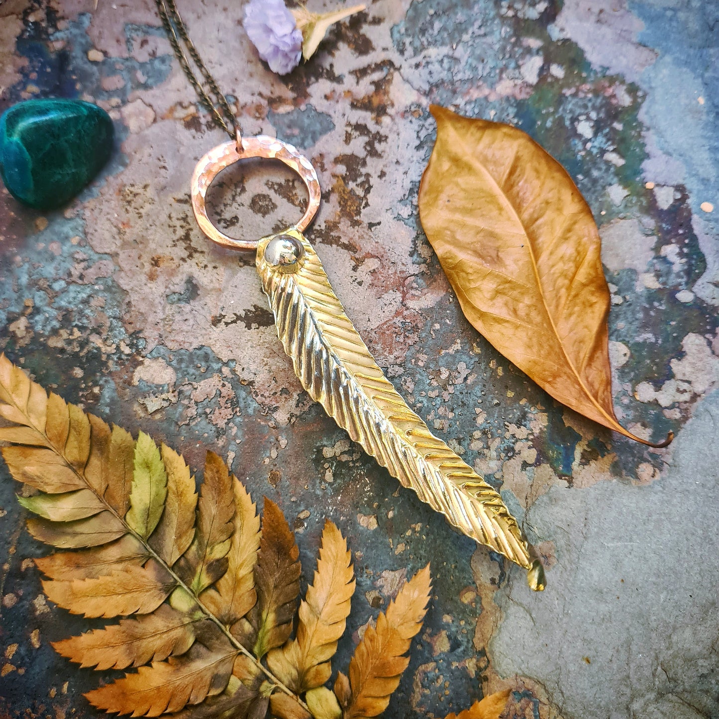 Eucalyptus Leaf pendant in recycled Brass, Copper and Silver