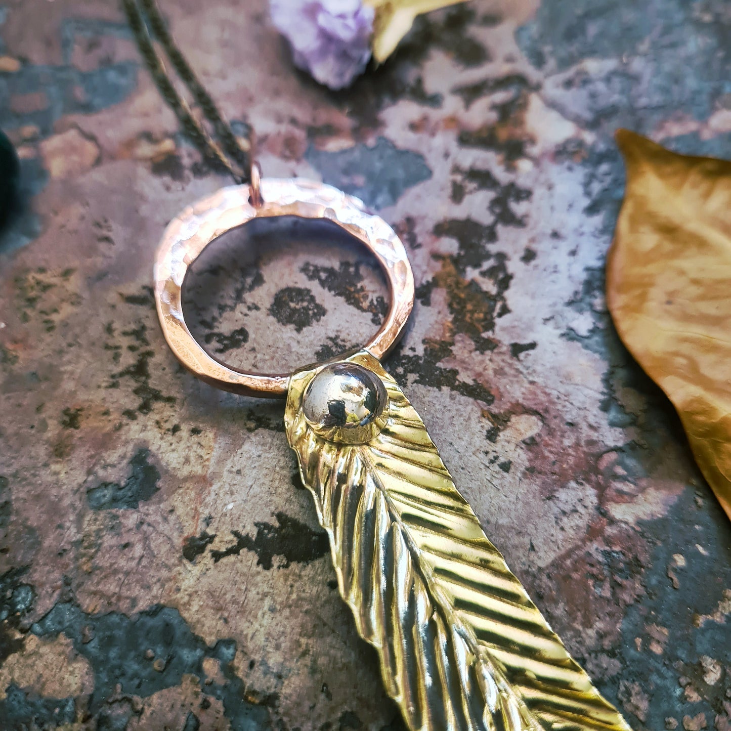 Eucalyptus Leaf pendant in recycled Brass, Copper and Silver