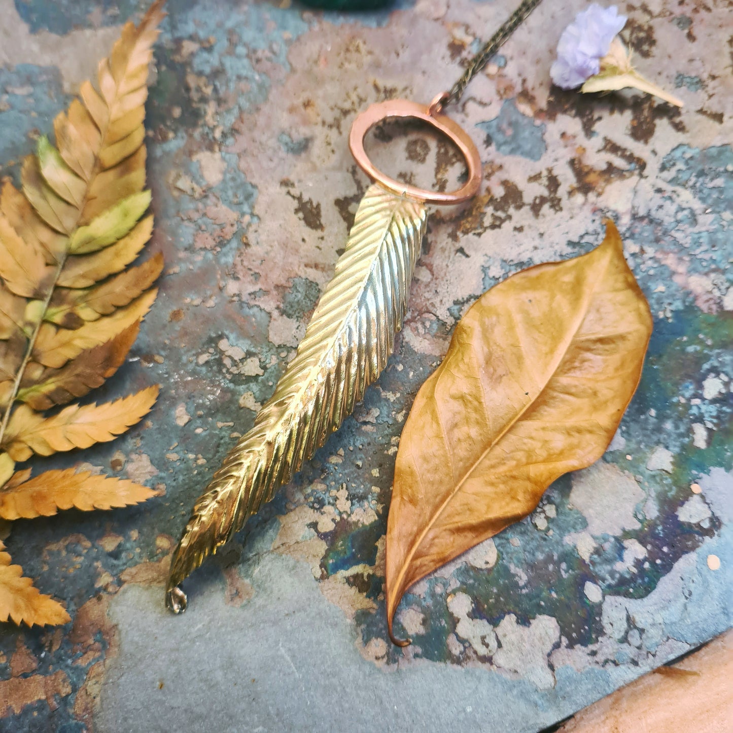 Eucalyptus Leaf pendant in recycled Brass, Copper and Silver