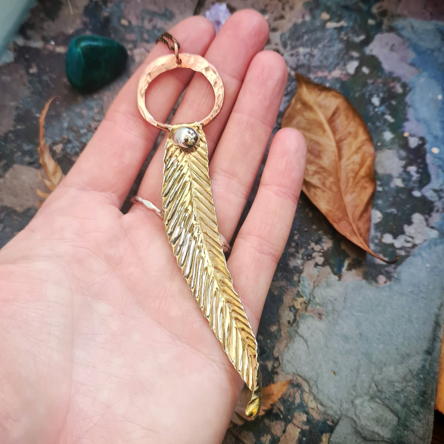 Eucalyptus Leaf pendant in recycled Brass, Copper and Silver