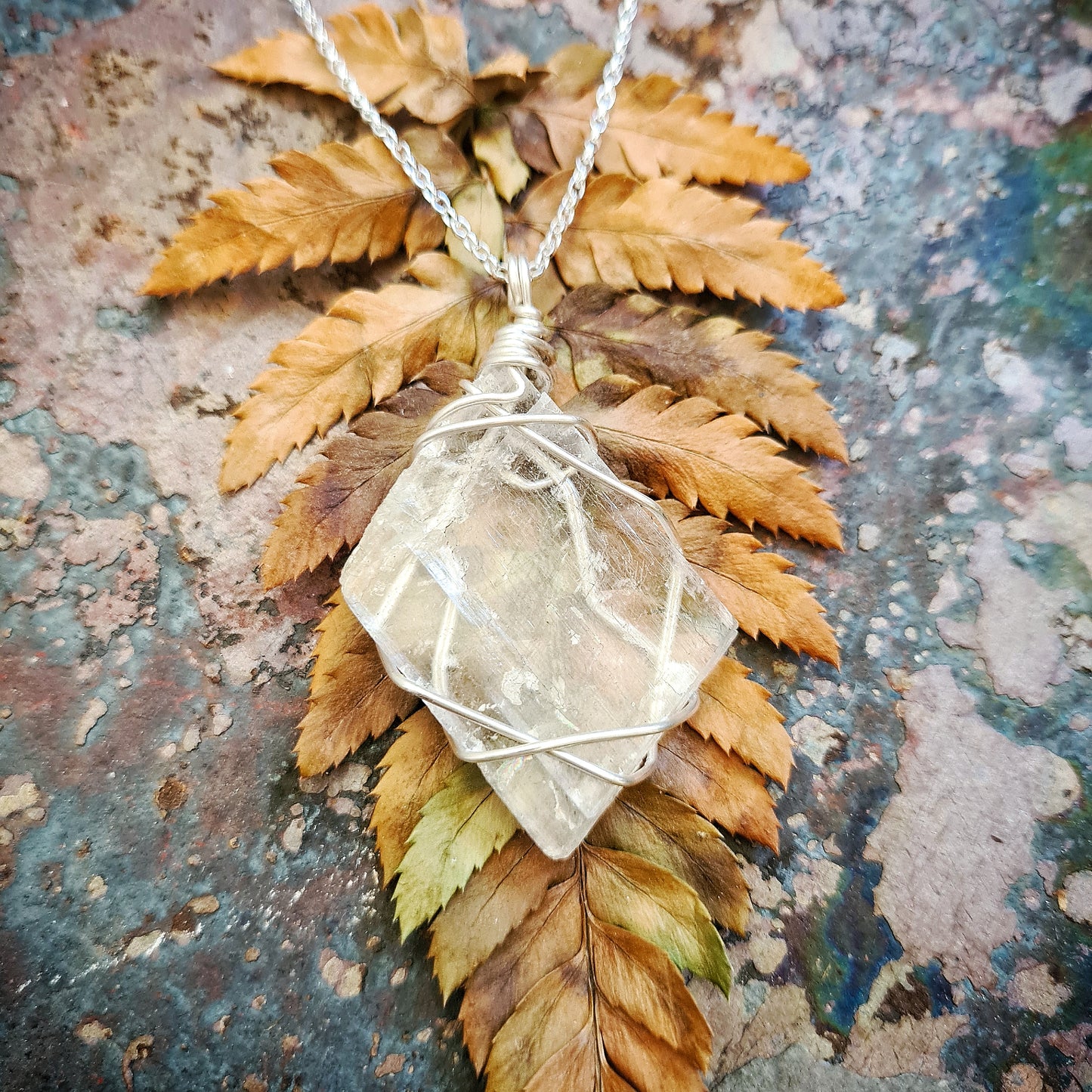 Selenite Slab Pendant - 100% recycled sterling silver