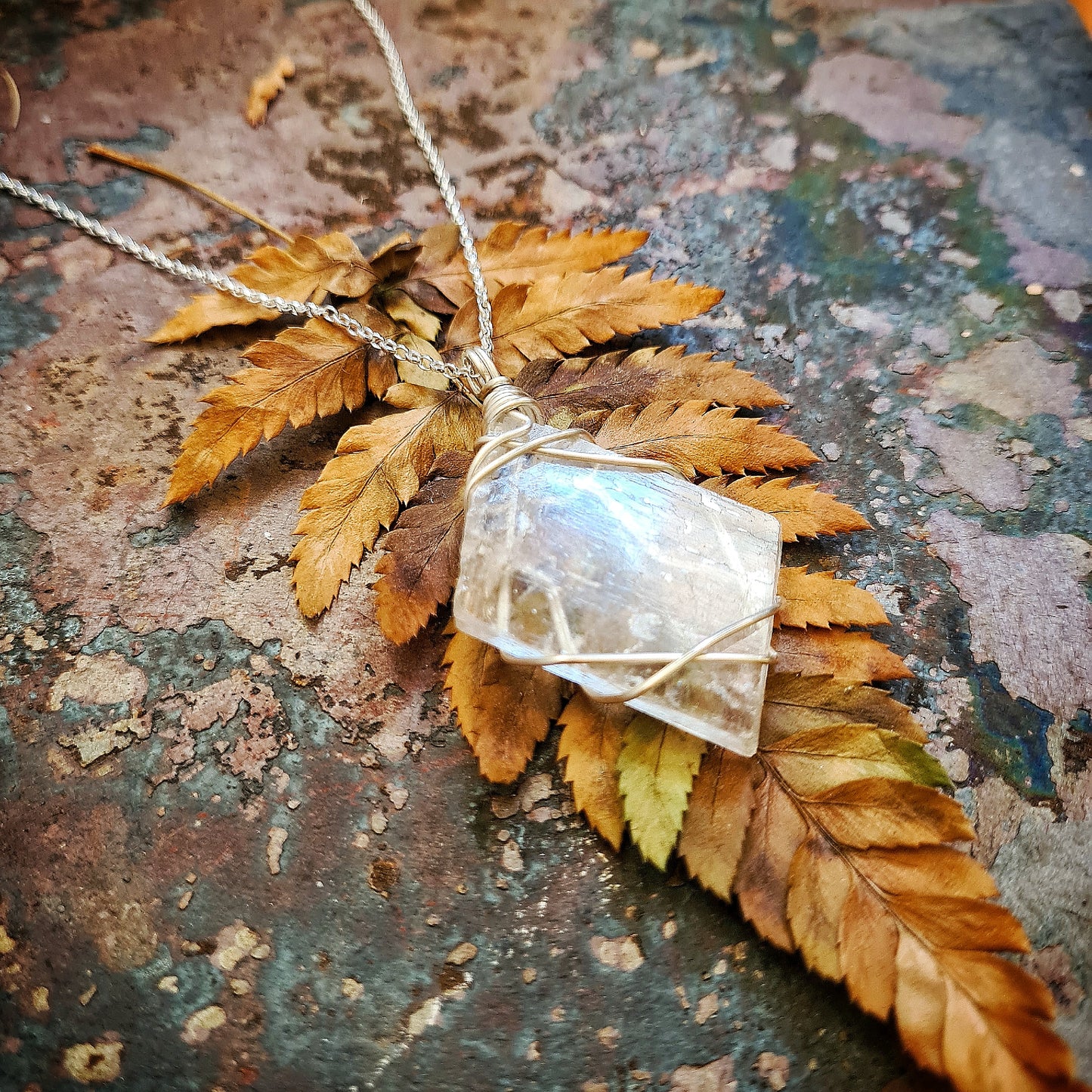 Selenite Slab Pendant - 100% recycled sterling silver