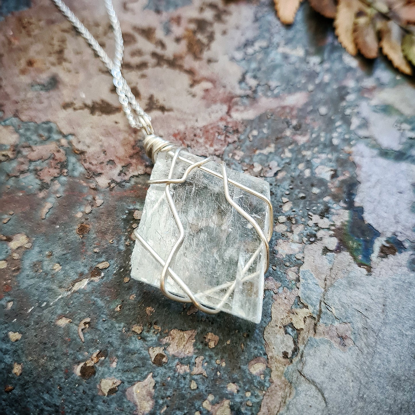 Selenite Slab Pendant - 100% recycled sterling silver