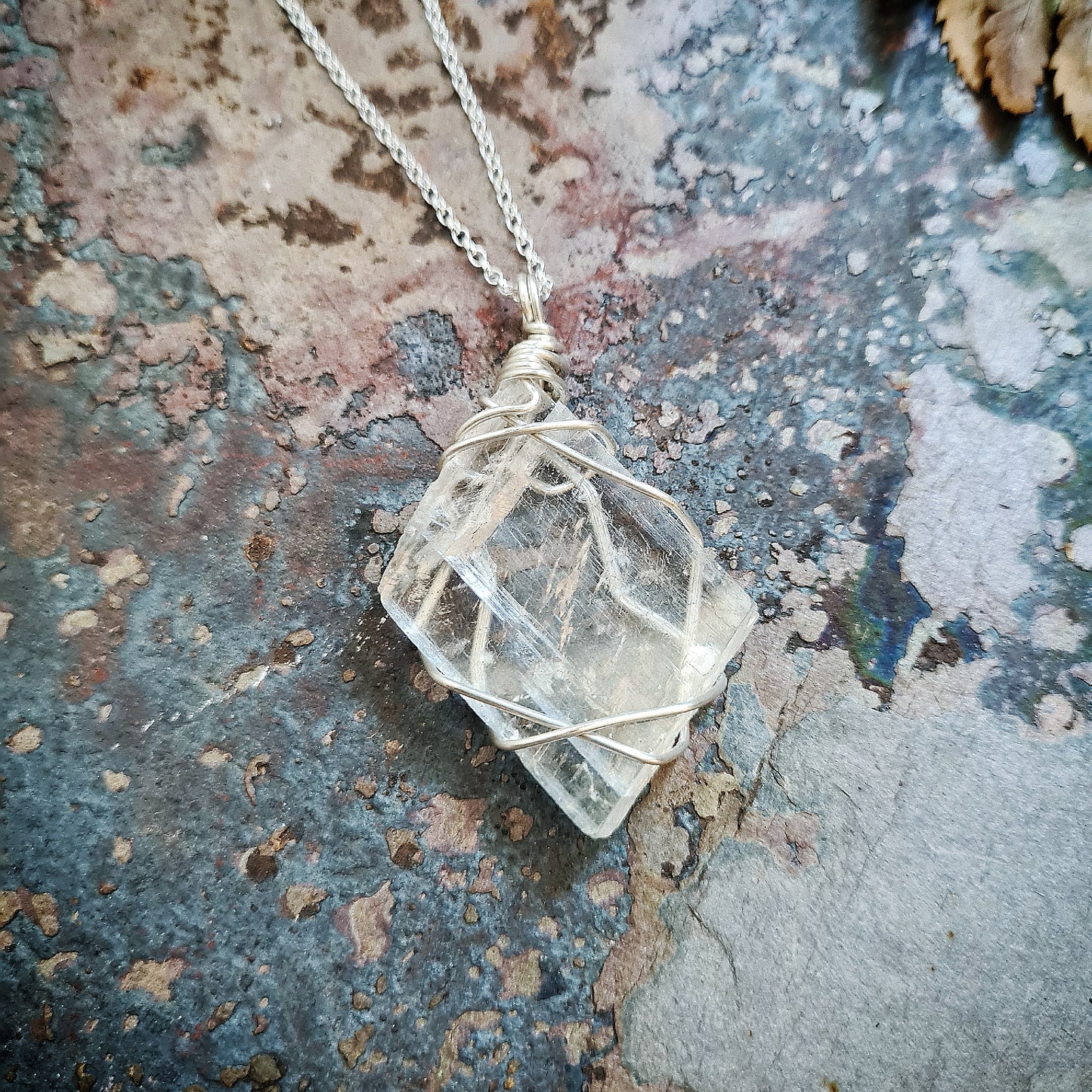 Selenite Slab Pendant - 100% recycled sterling silver