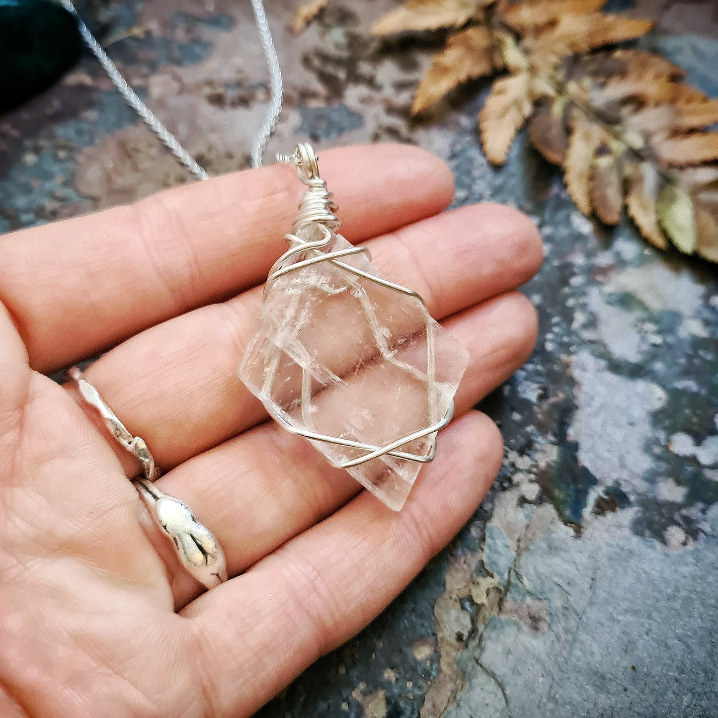 Selenite Slab Pendant - 100% recycled sterling silver