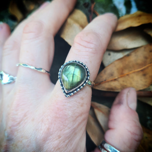 Green Labradorite Teardrop Ring - 100% Recycled Sterling Silver