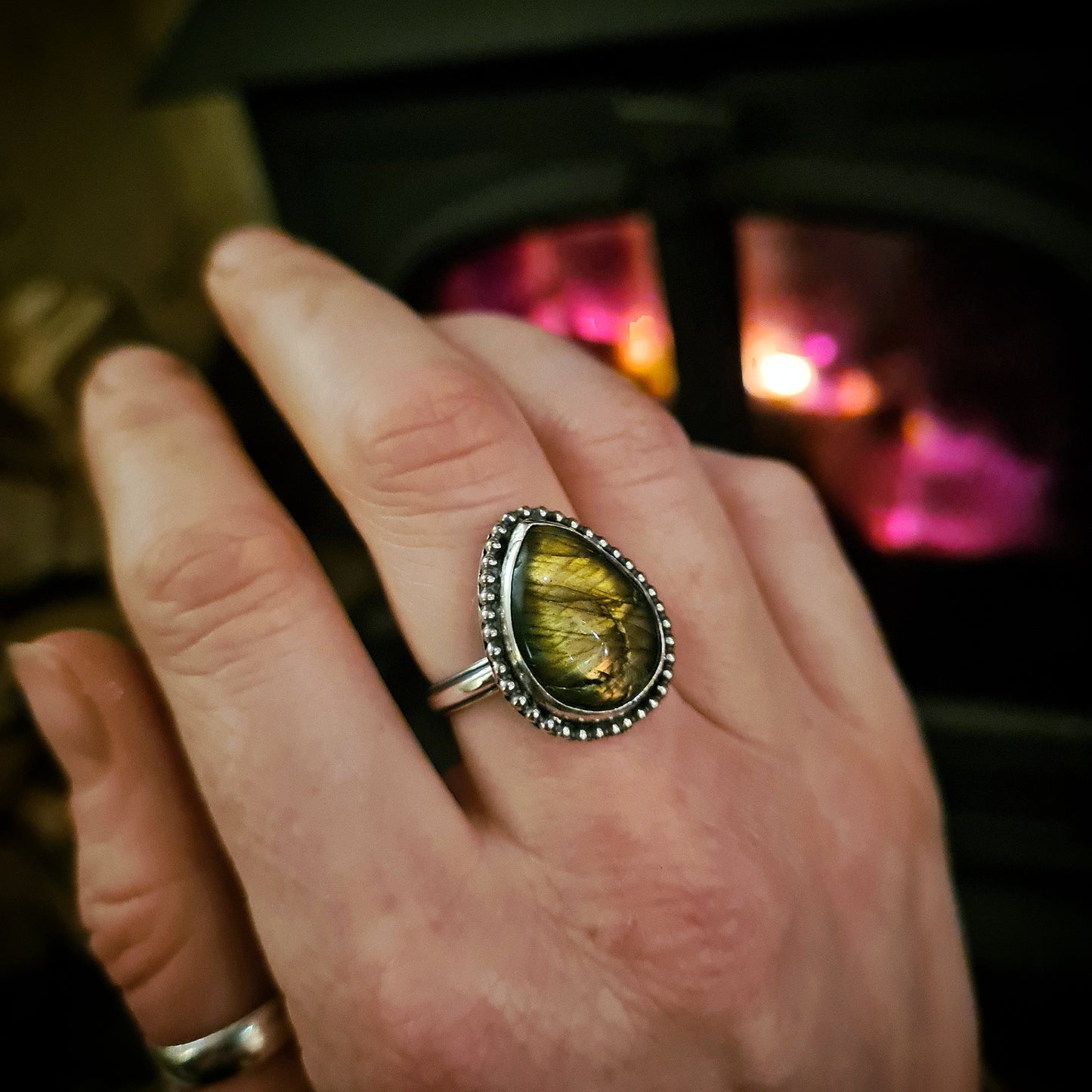 Green Gold Labradorite Teardrop Ring - 100% Recycled Sterling Silver