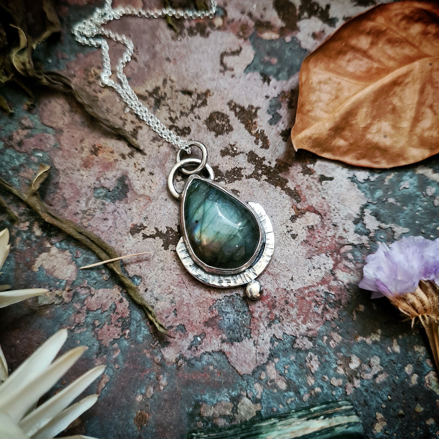 Deep Teal Labradorite Pendant - 100% Recycled Silver