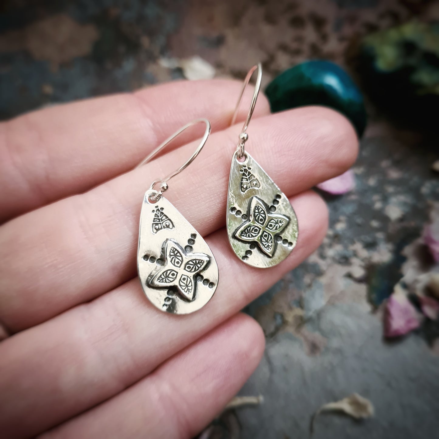 Stamped Teardrop Earrings - 100% recycled Sterling Silver