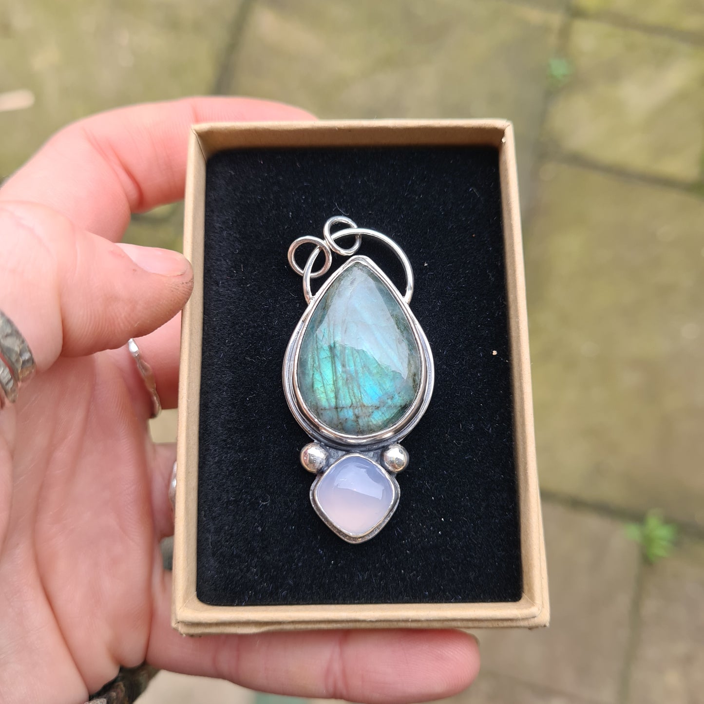 CUSTOM ORDER. 50% remaining balance FOR MO KELLY - Labradorite and Chalcedony Pendant in Sterling Silver