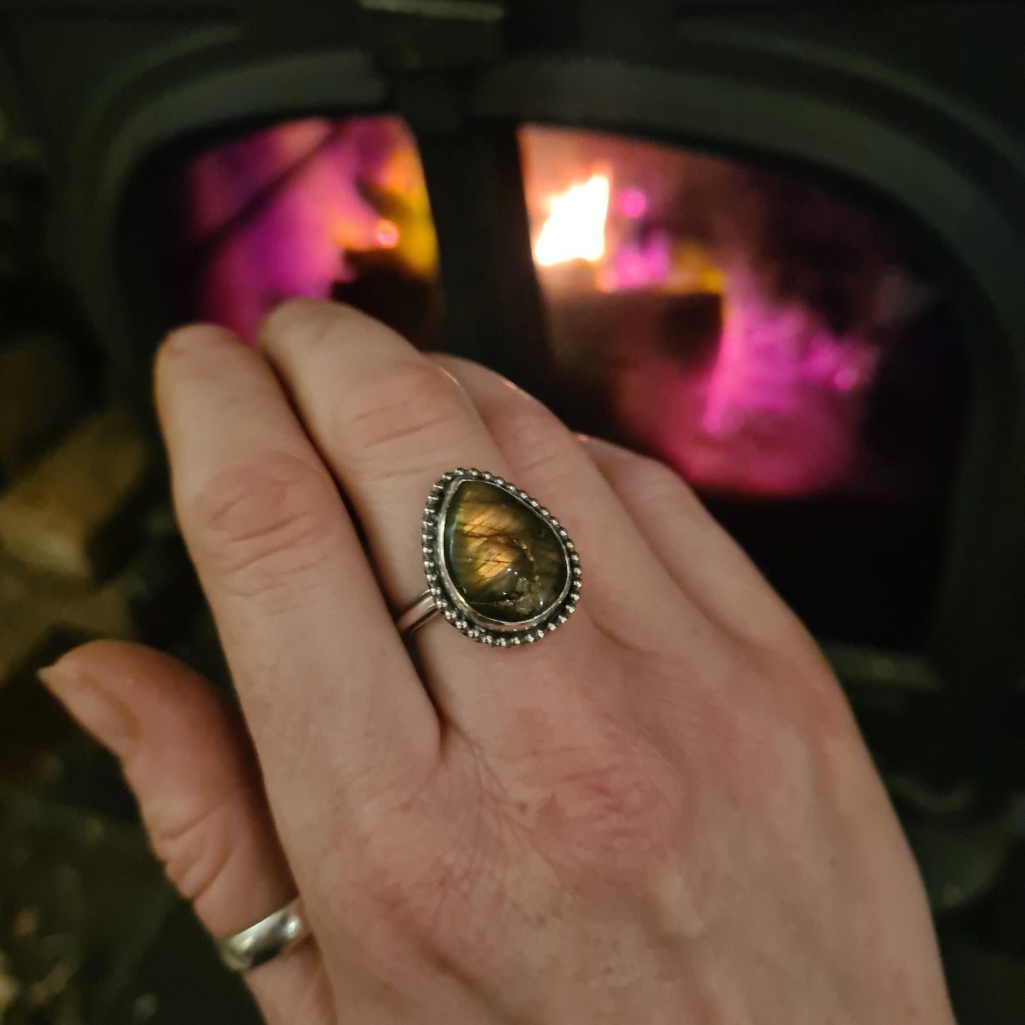 Green Gold Labradorite Teardrop Ring - 100% Recycled Sterling Silver