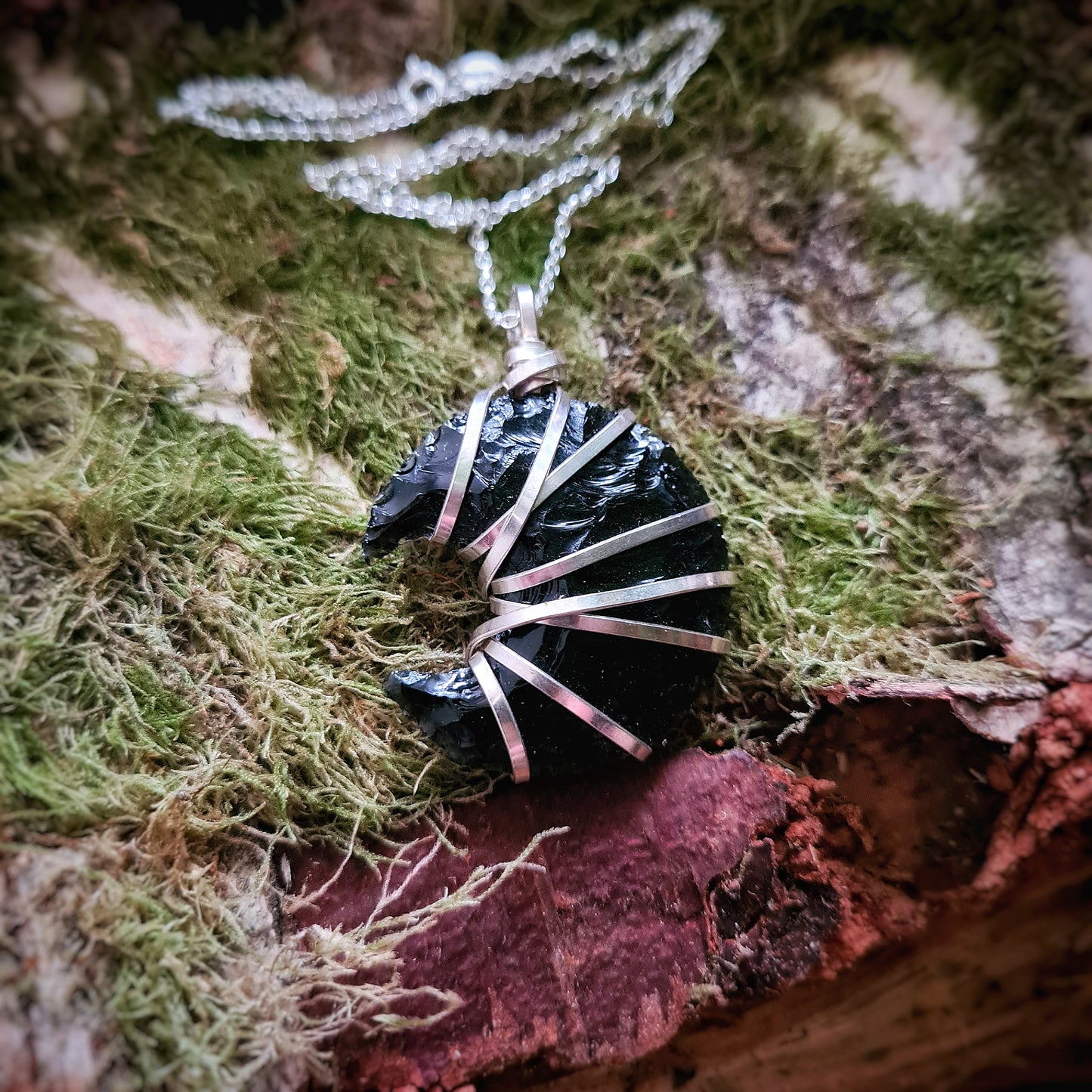 Obsidian Moon Pendant - with Recycled Sterling Silver