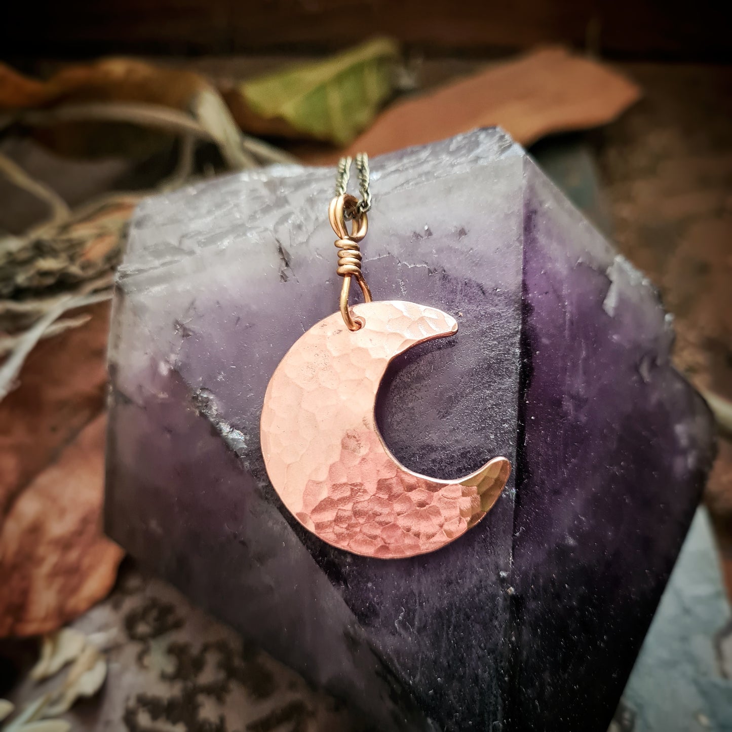Hammered Copper Moon Pendant - Recycled Copper