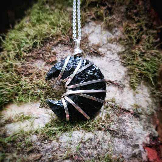 Obsidian Moon Pendant - with Recycled Sterling Silver