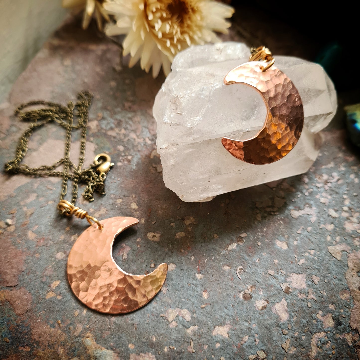 Hammered Copper Moon Pendant - Recycled Copper