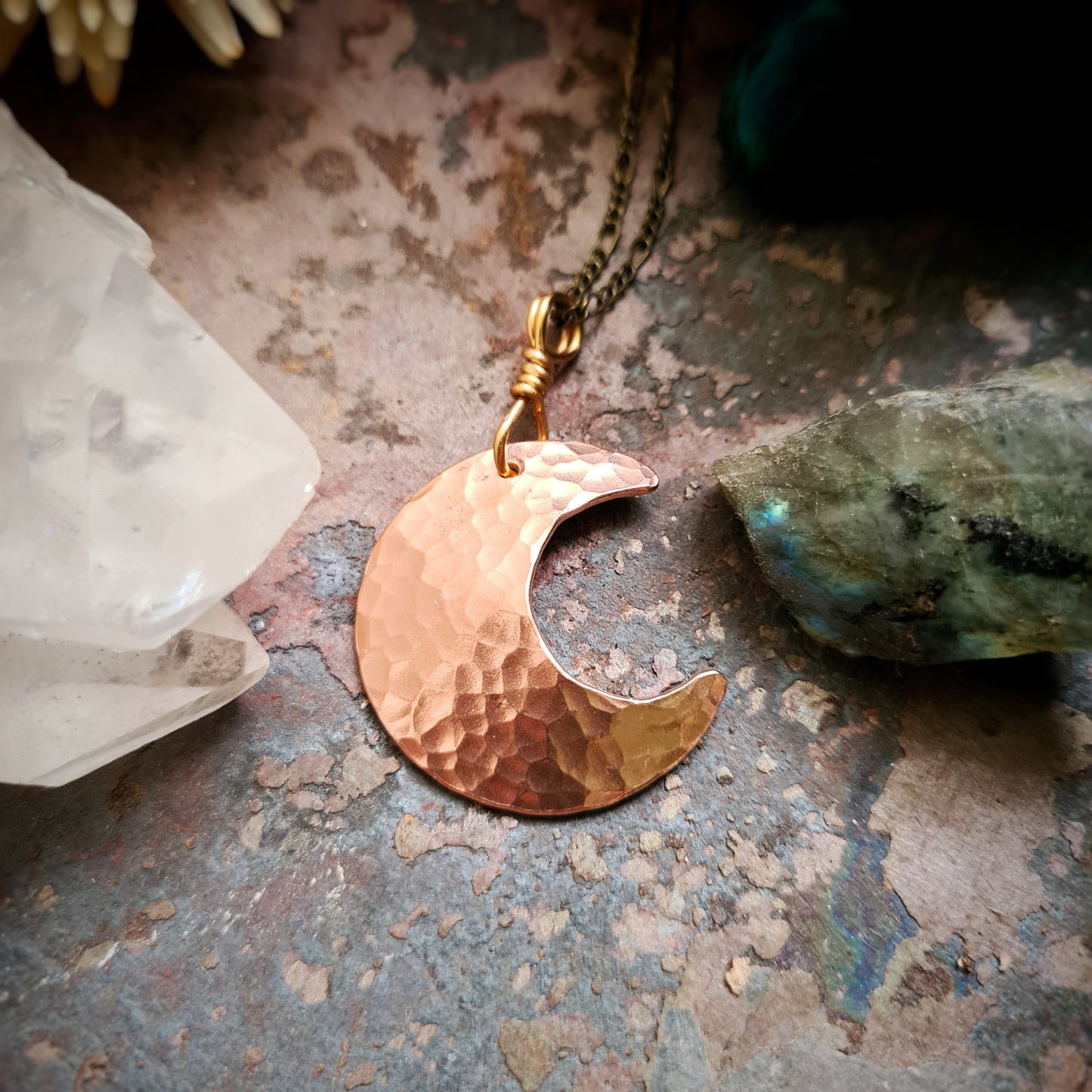 Hammered Copper Moon Pendant - Recycled Copper