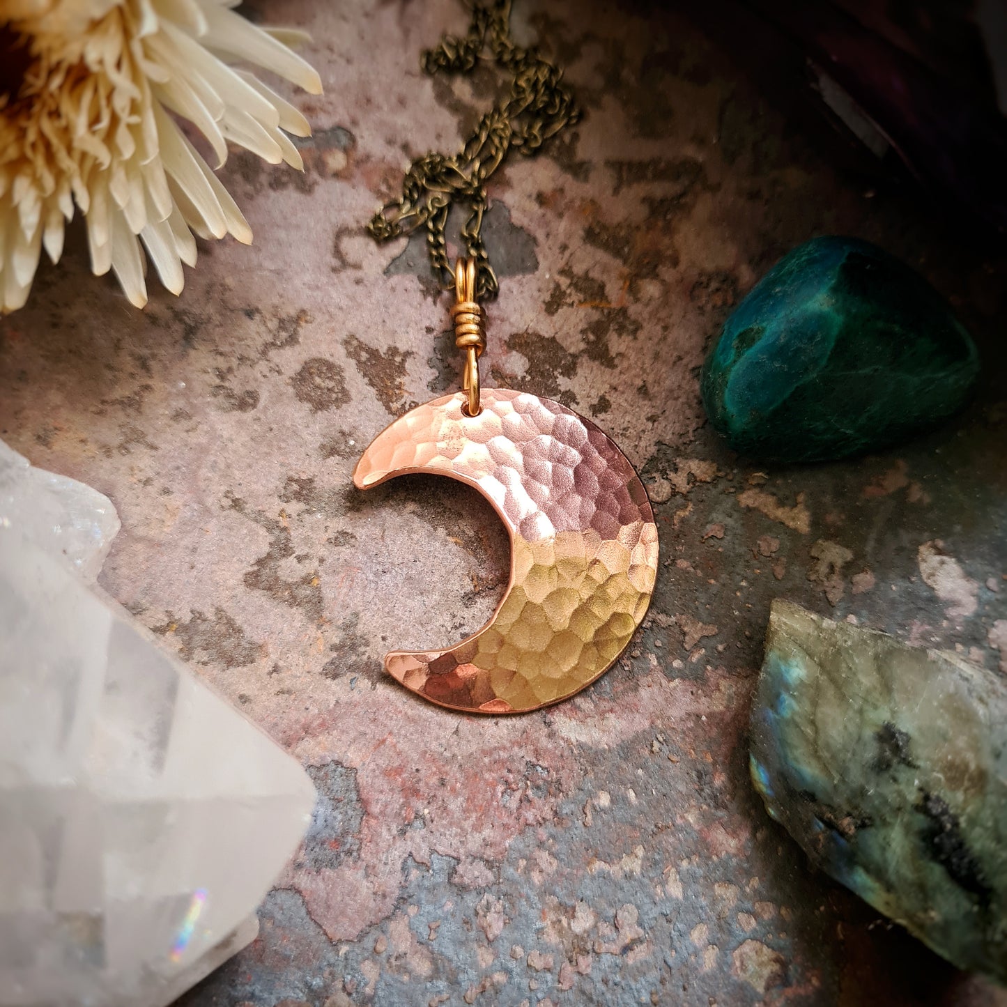 Hammered Copper Moon Pendant - Recycled Copper
