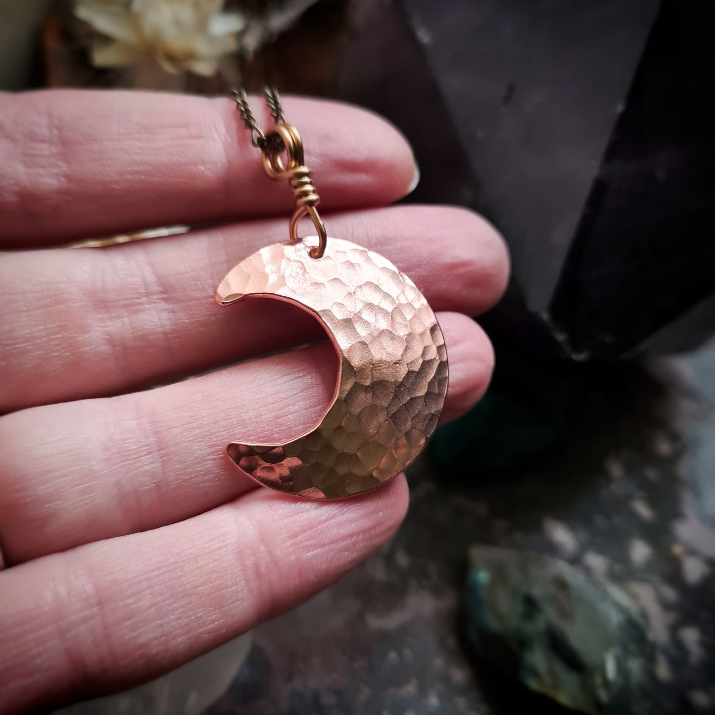 Hammered Copper Moon Pendant - Recycled Copper