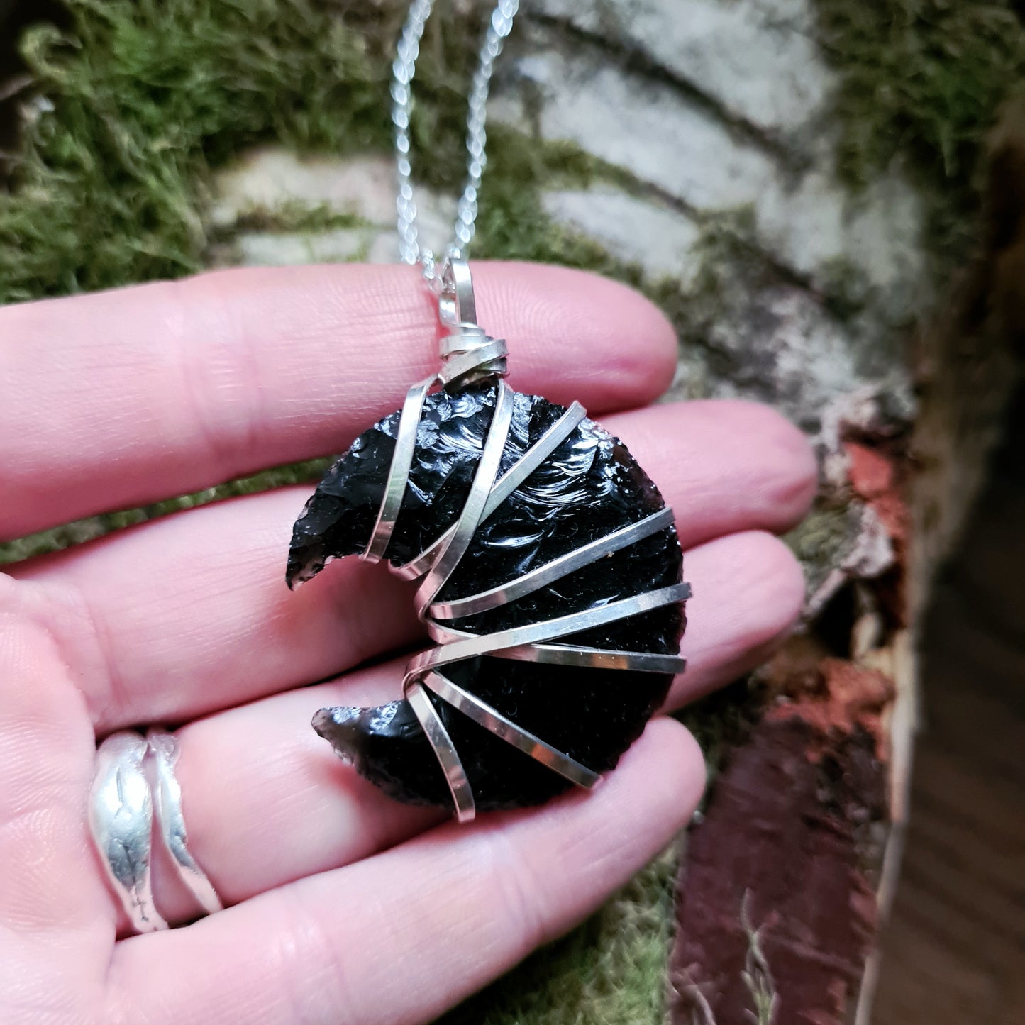 Obsidian Moon Pendant - with Recycled Sterling Silver