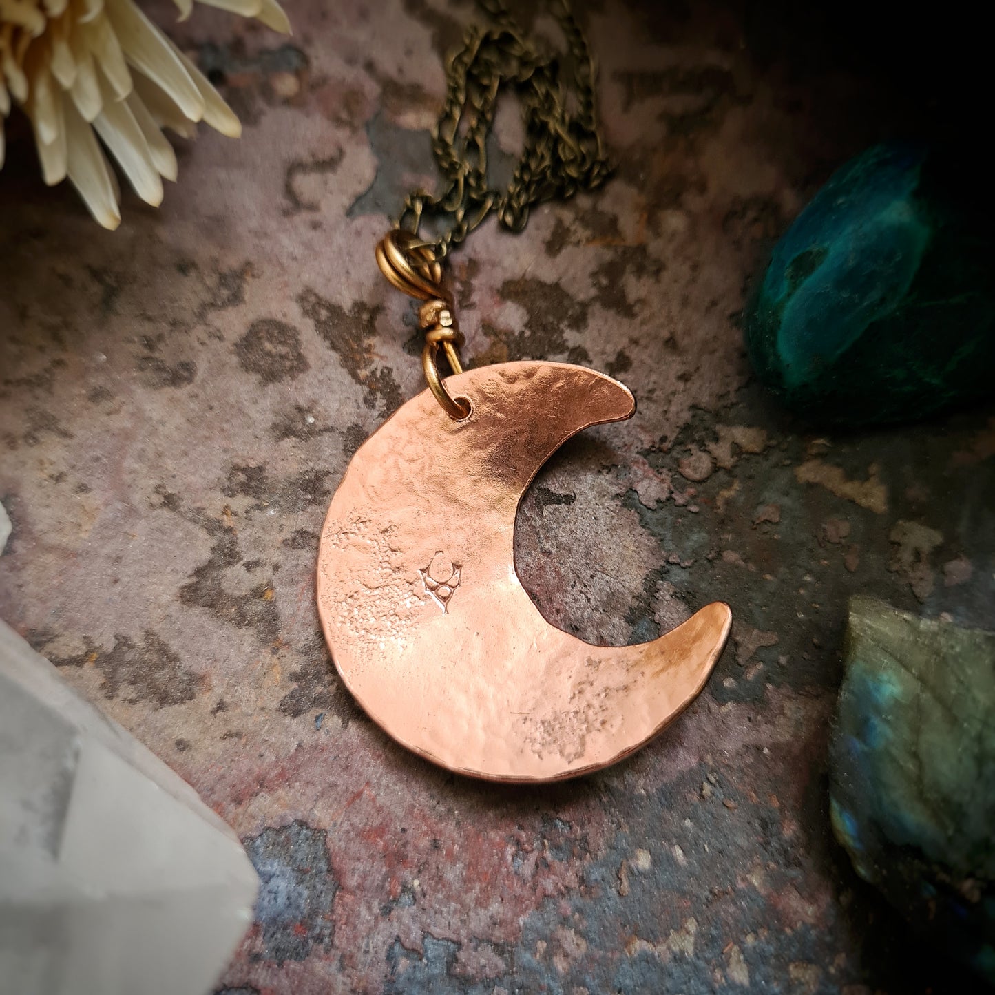Hammered Copper Moon Pendant - Recycled Copper