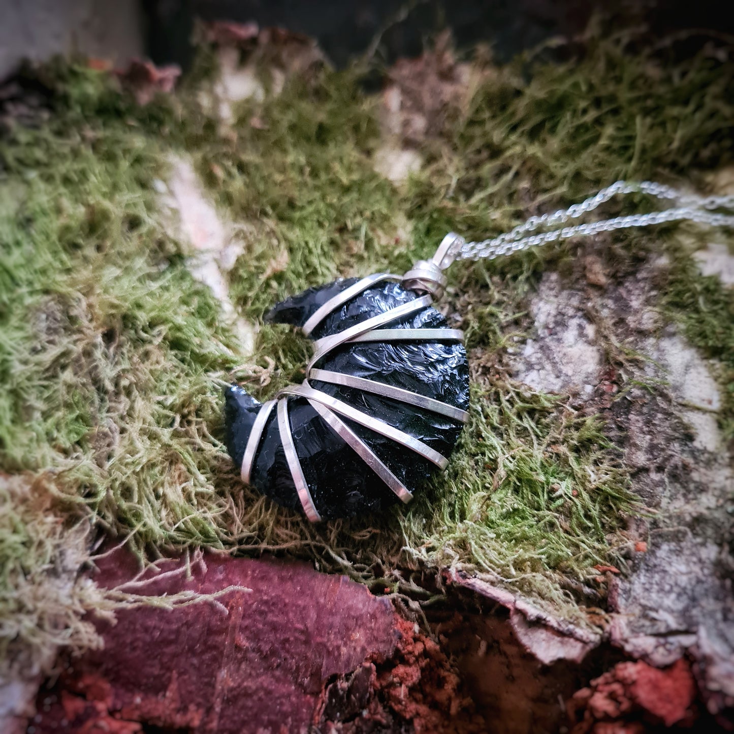 Obsidian Moon Pendant - with Recycled Sterling Silver