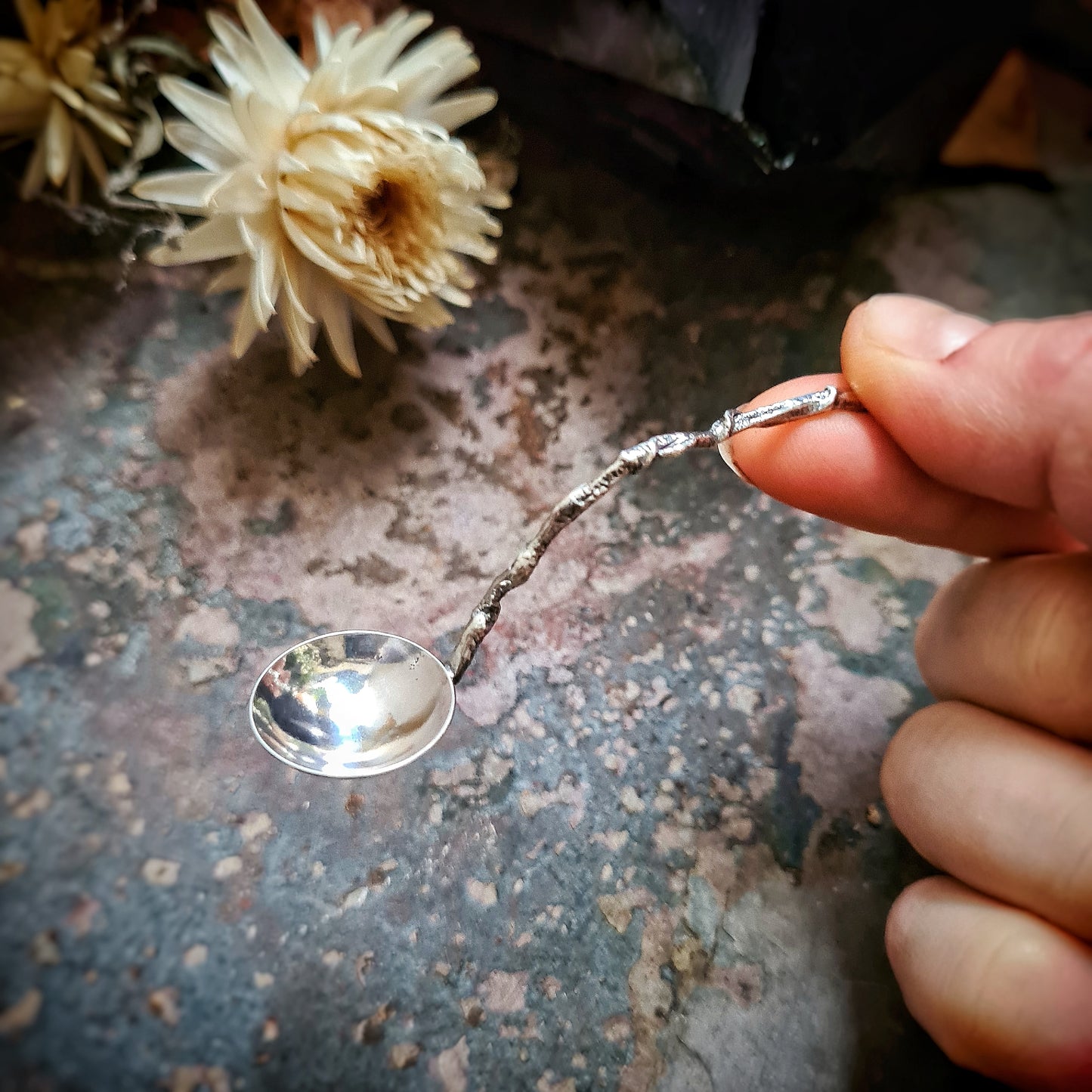 Twig Handled Salt Spoon - 100% Recycled Sterling silver