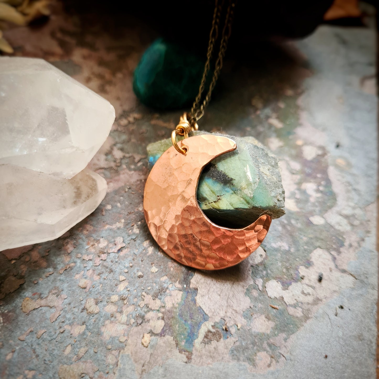 Hammered Copper Moon Pendant - Recycled Copper