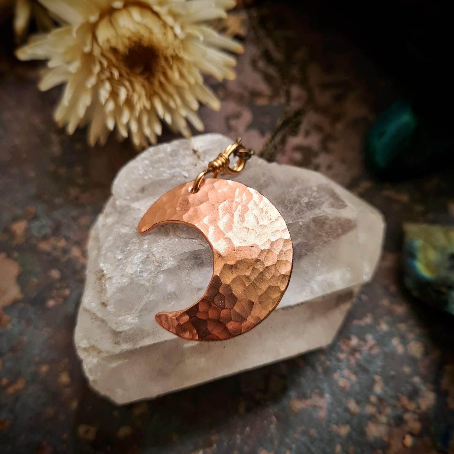 Hammered Copper Moon Pendant - Recycled Copper