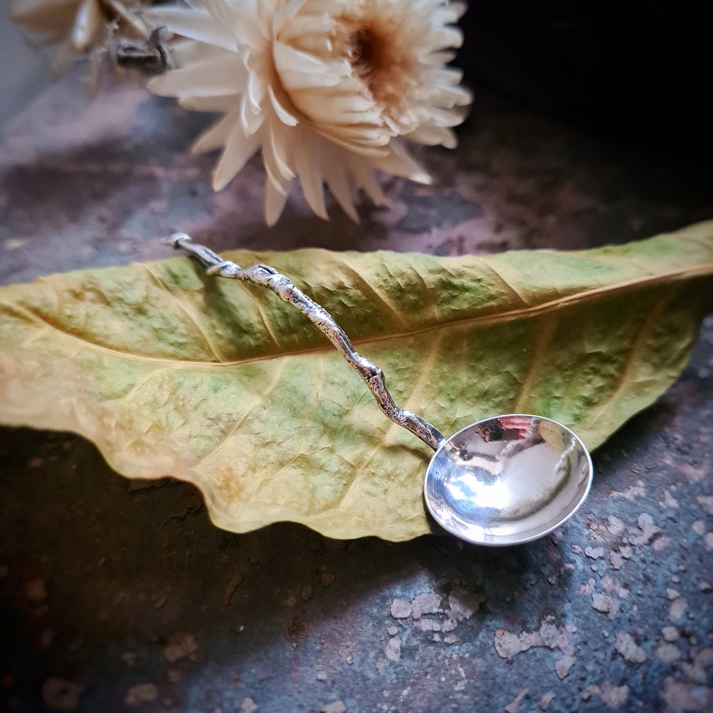 Twig Handled Salt Spoon - 100% Recycled Sterling silver