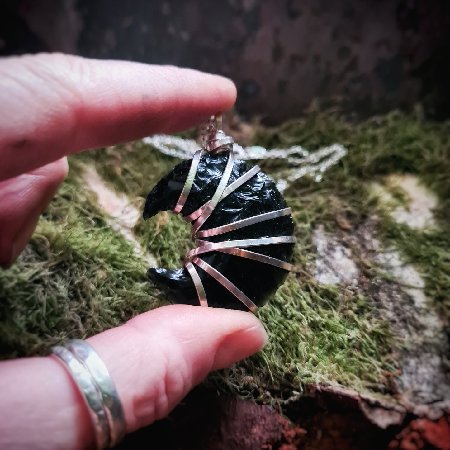 Obsidian Moon Pendant - with Recycled Sterling Silver